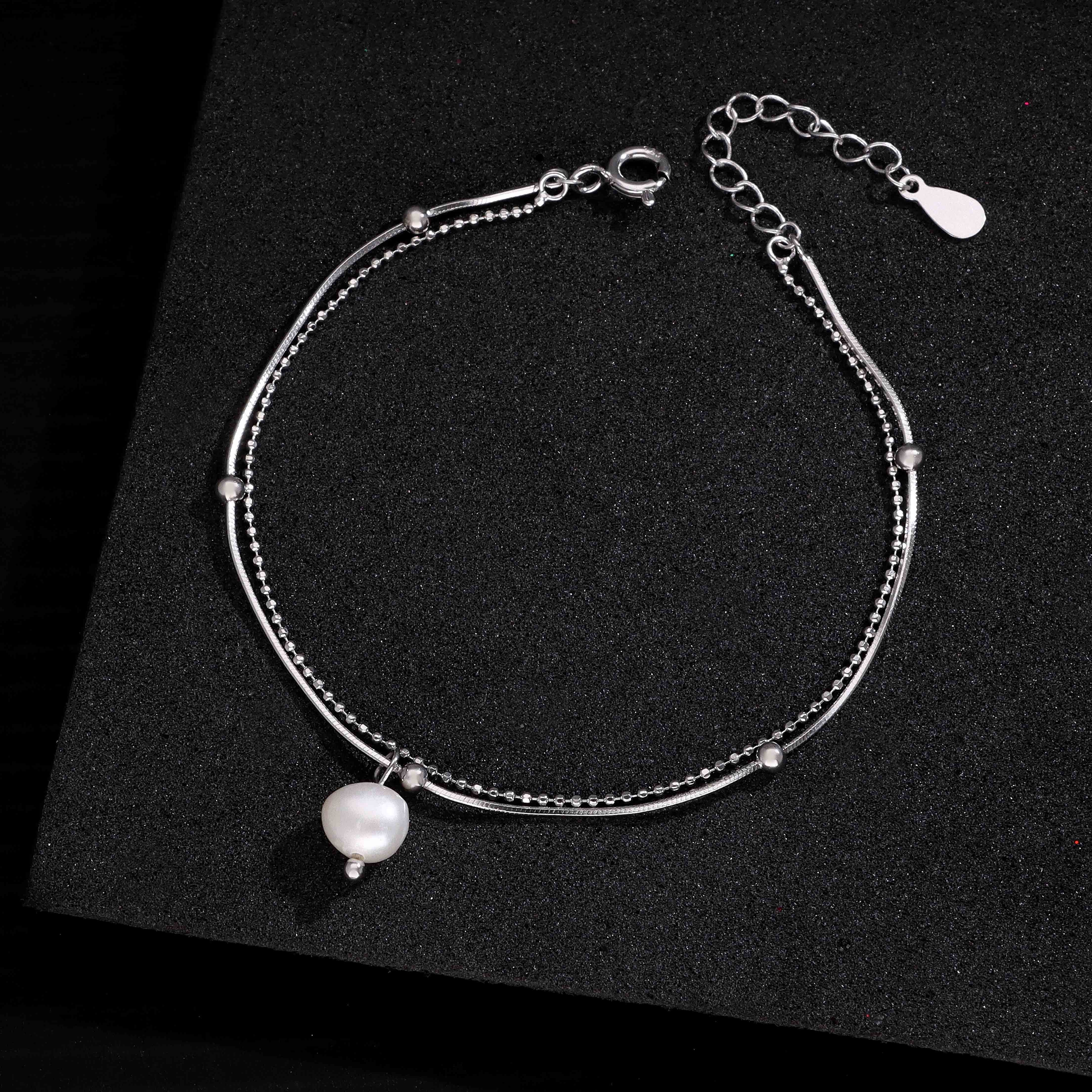 Elegant Pearl Layered Charm Silver Bracelet