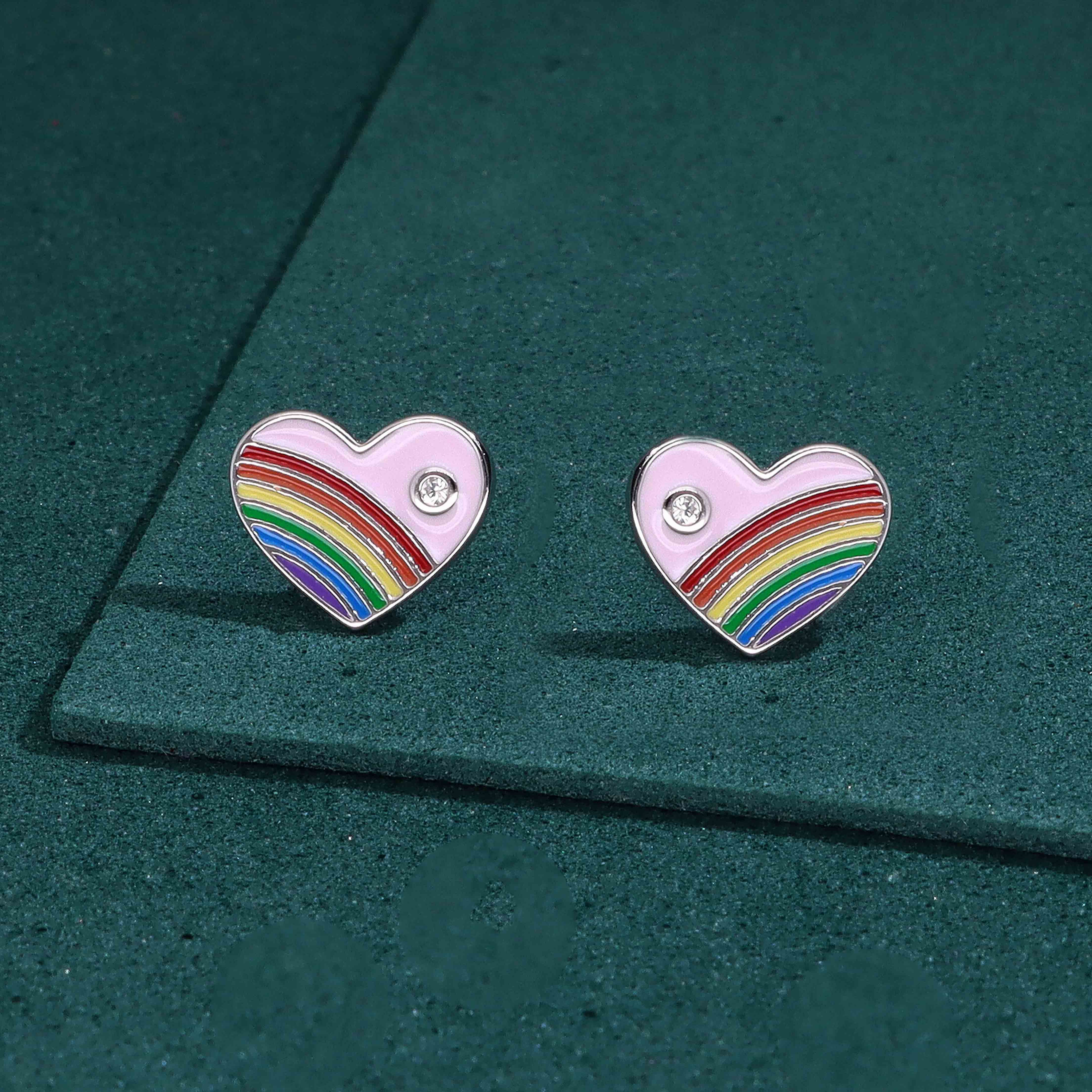 Children's Rainbow Pink Heart Silver Earrings