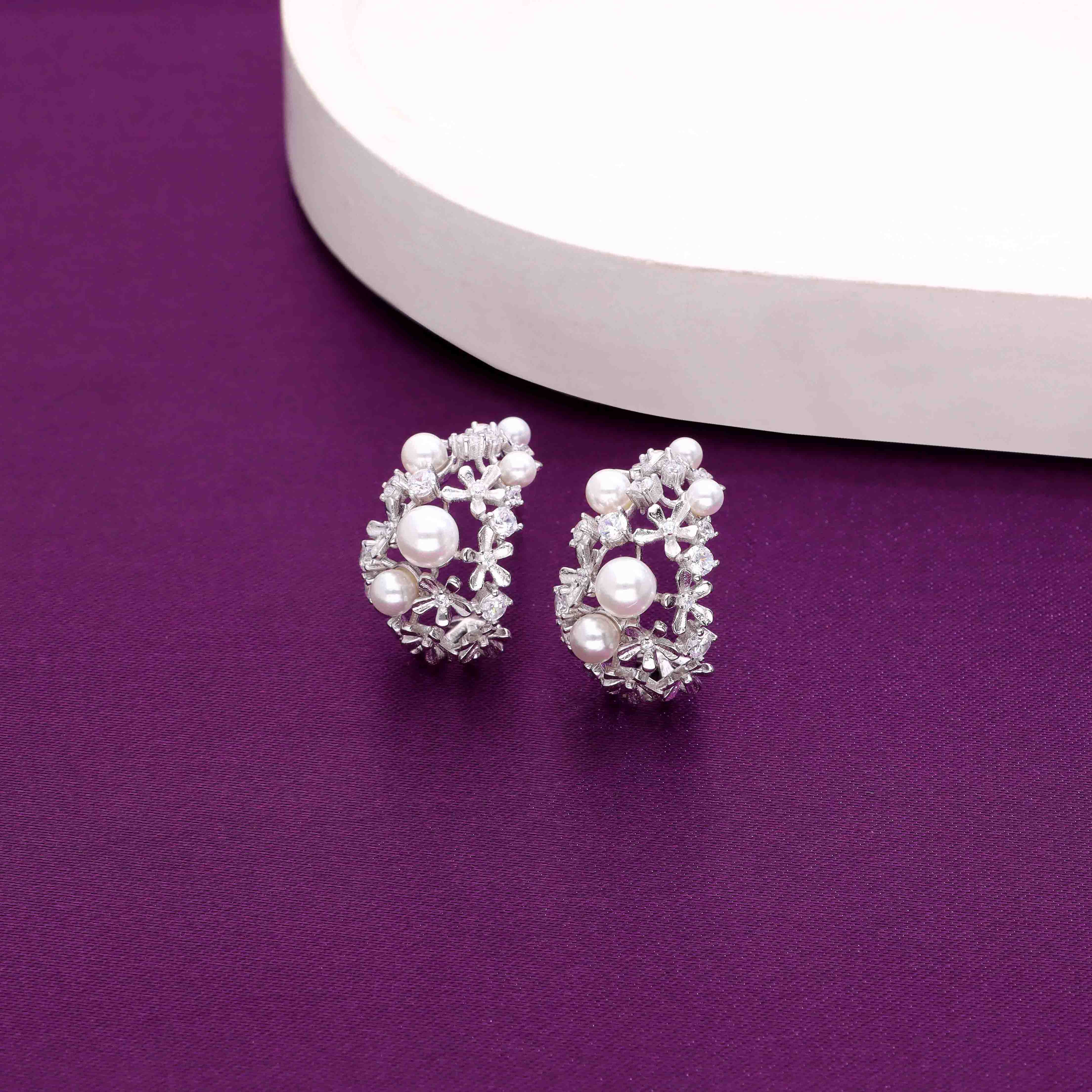 Sterling Twirly Pearl Silver Hoops Earrings