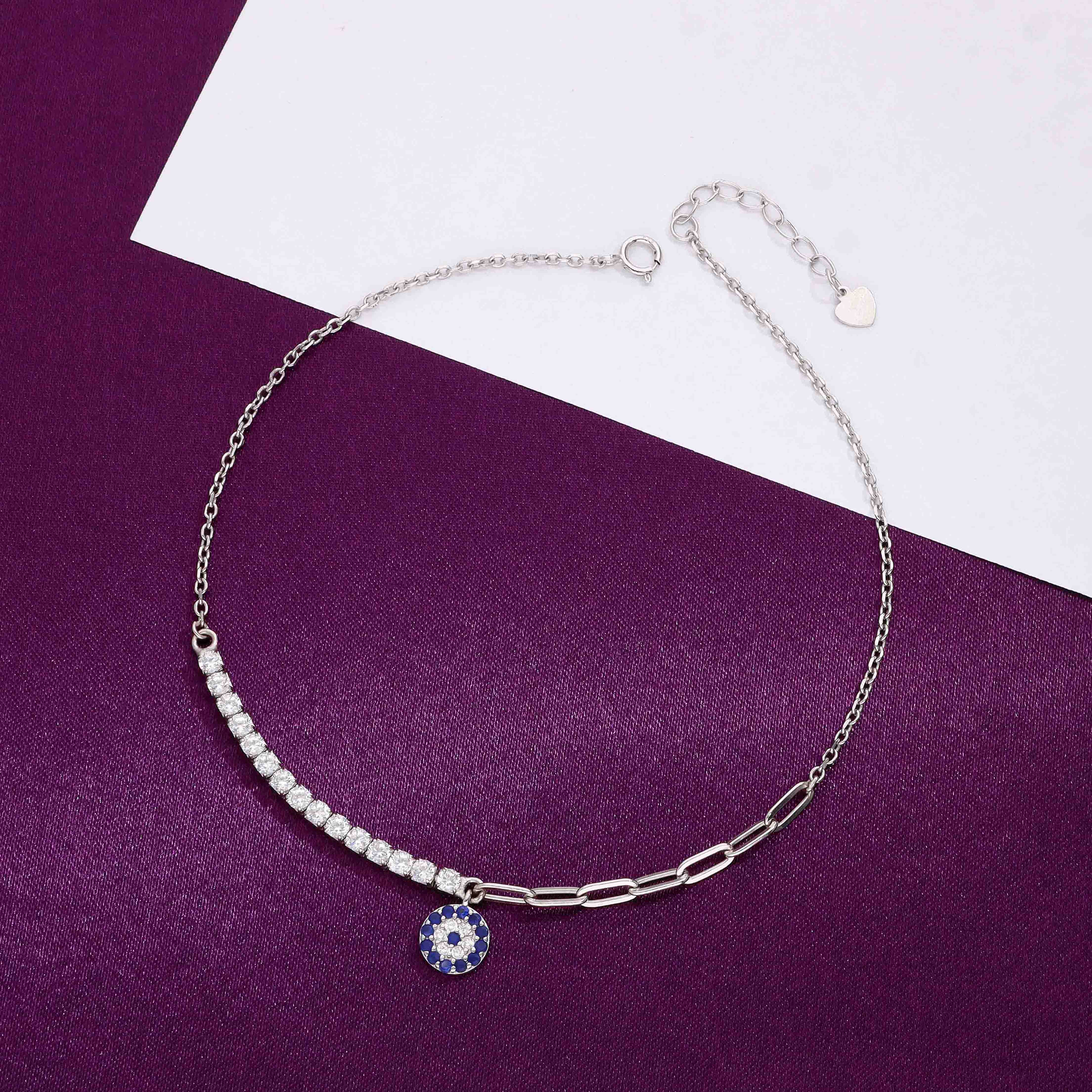 SINGLE EVIL EYE ZIRCON STUDDED SILVER ANKLET - Image 5