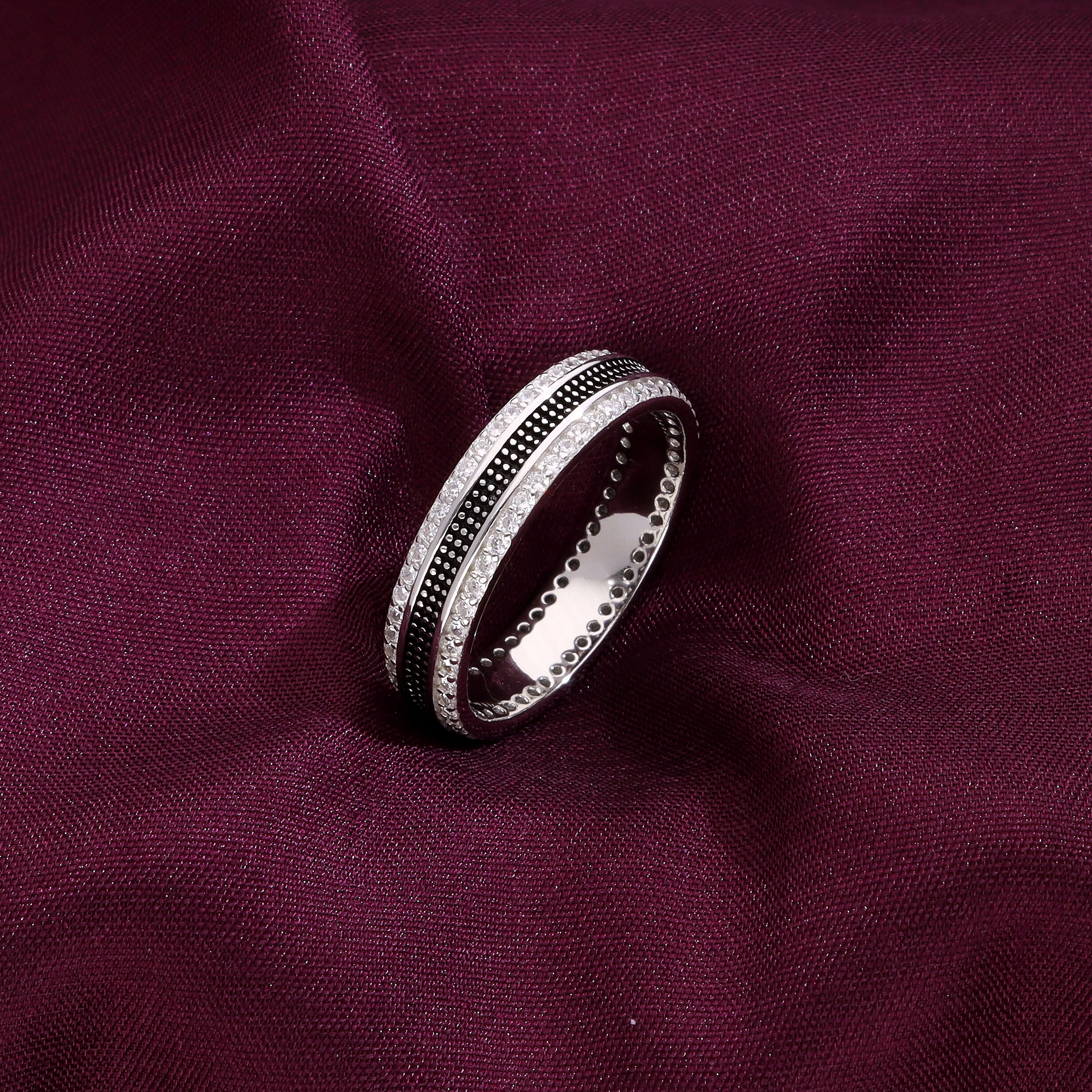 Men's Boldly Engraved Zircon Silver Band
