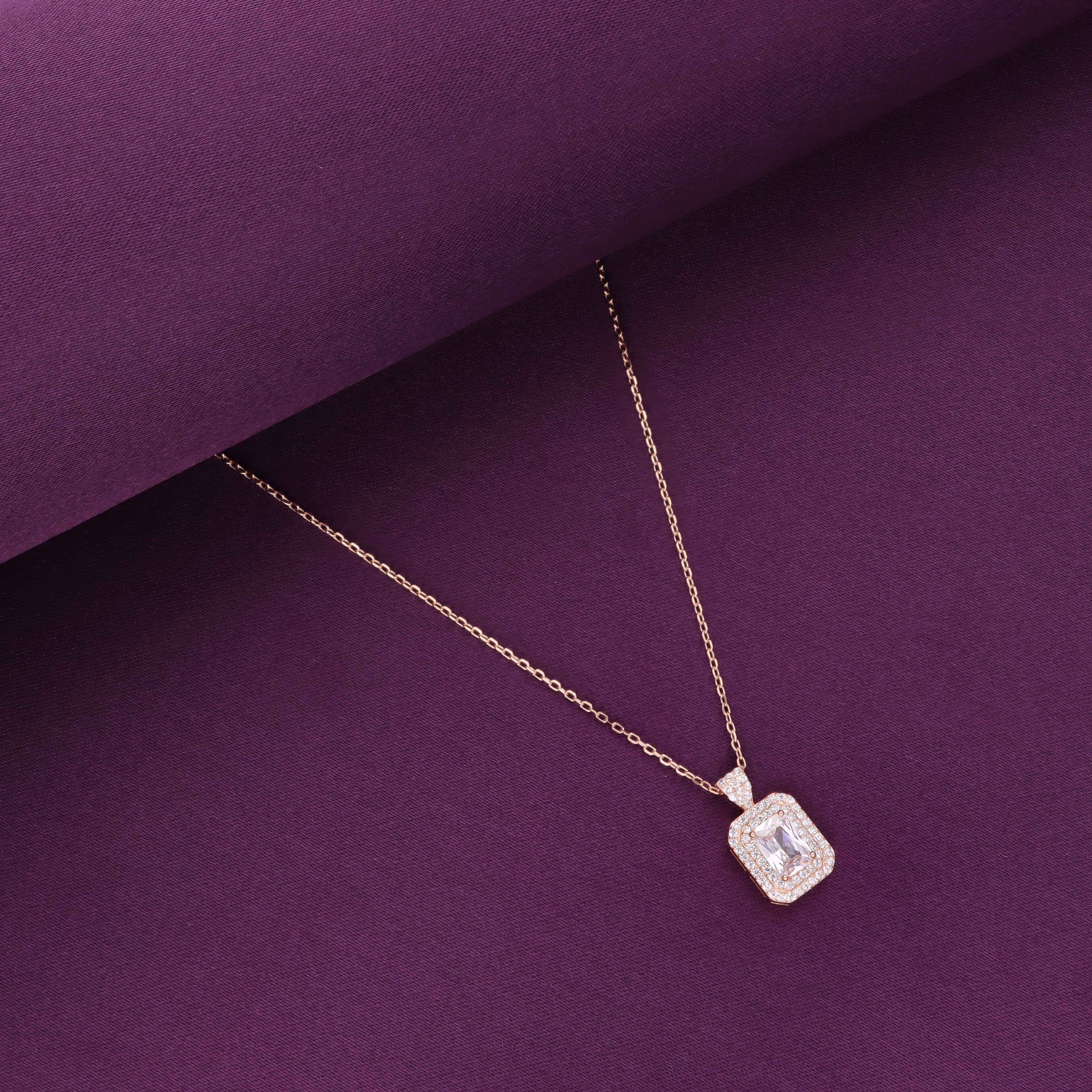 Sterling Silver Rose Gold Princess Cut Zircon Studded Necklace