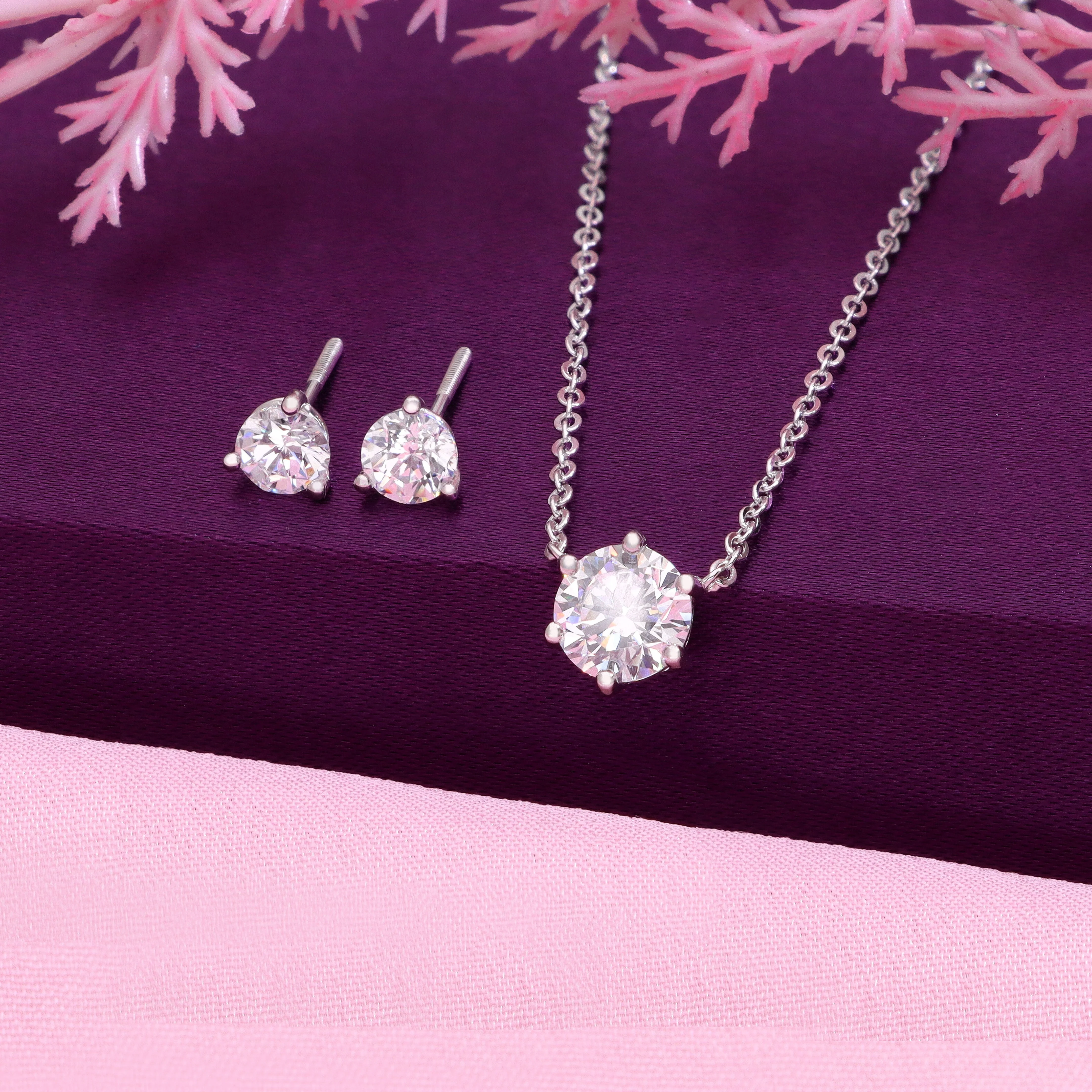 Classic Round Solitaire & Stud Earrings Set Necklace