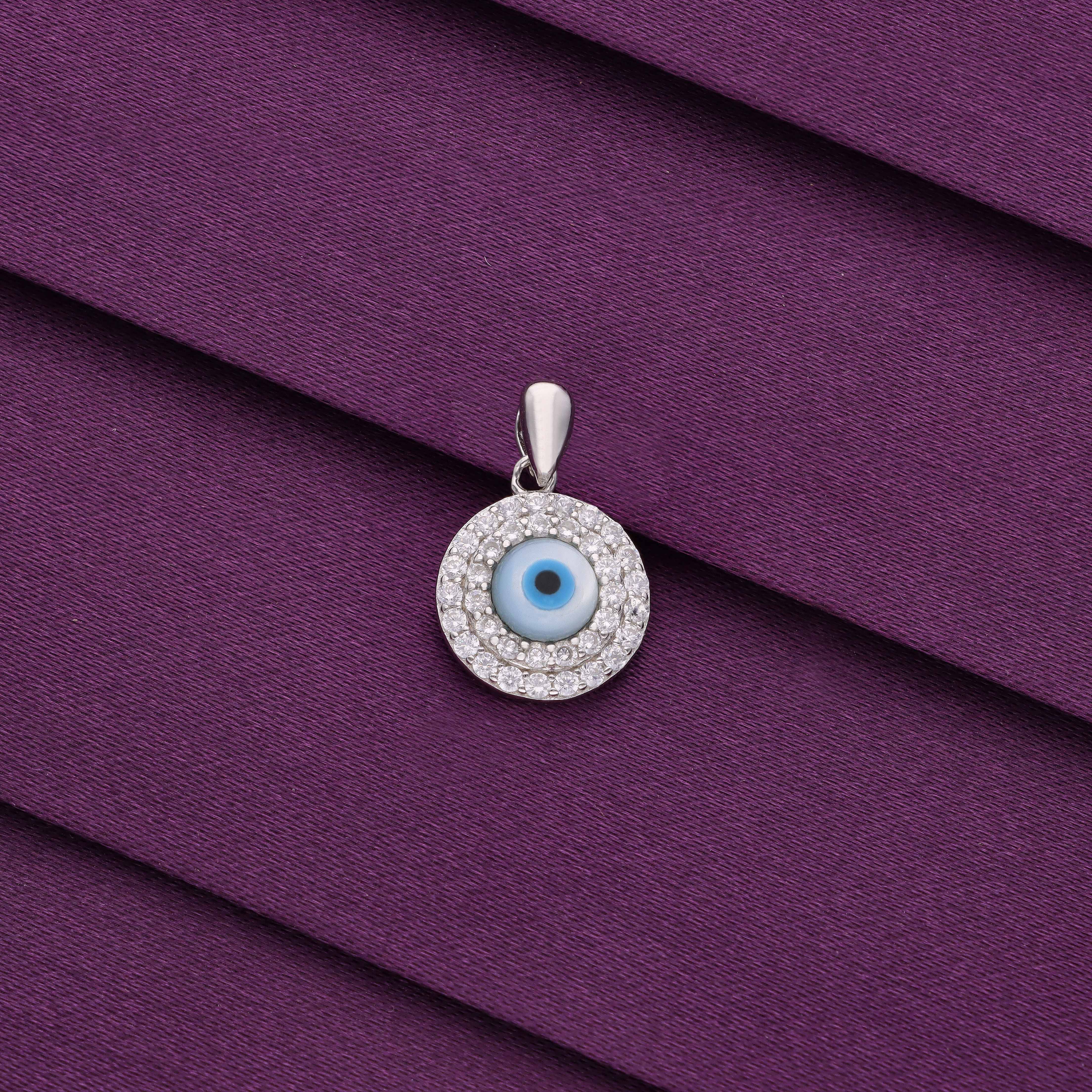 Circular Pave Diamond Evil Eye Silver Pendant