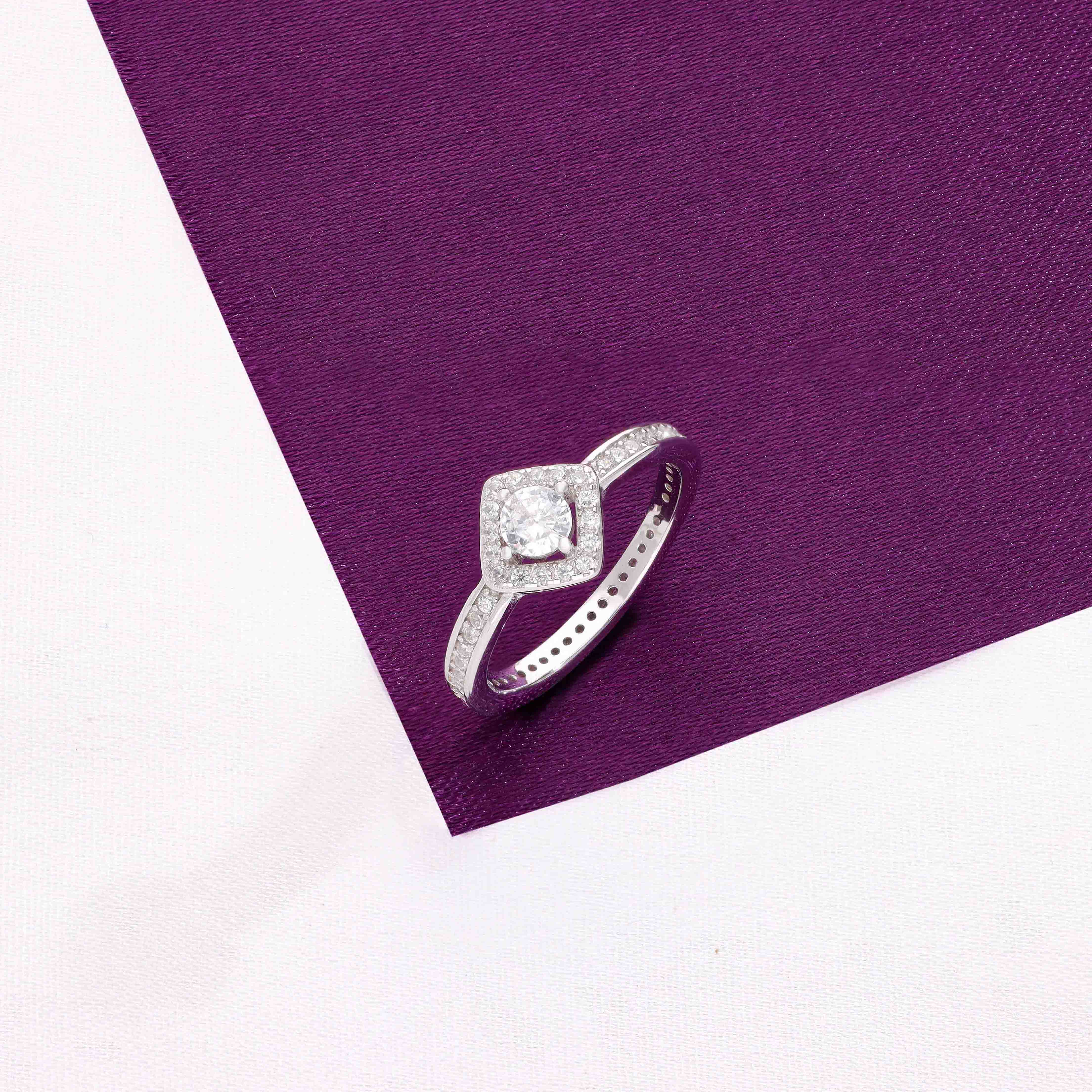 Elegant Diamond Halo Solitaire Silver Ring